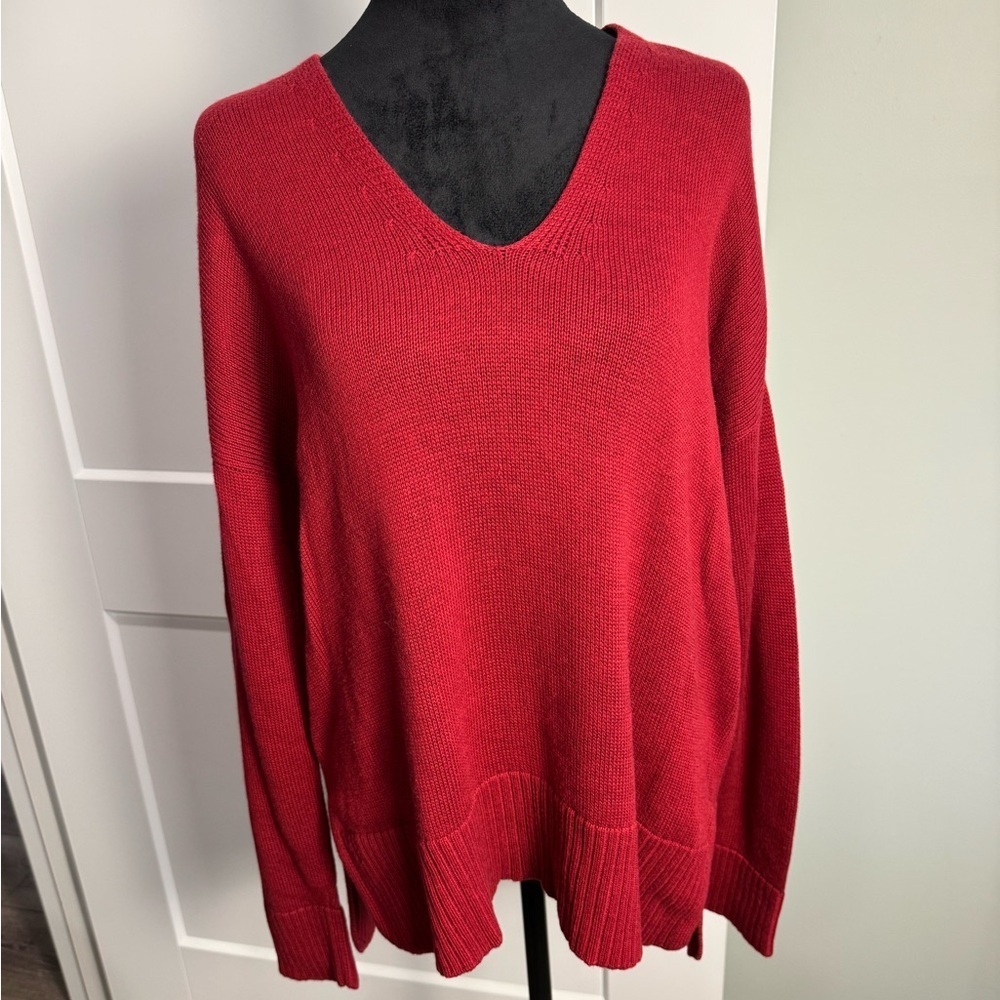 Eileen Fisher red cotton tensel v neck sweater relaxed boxy high low